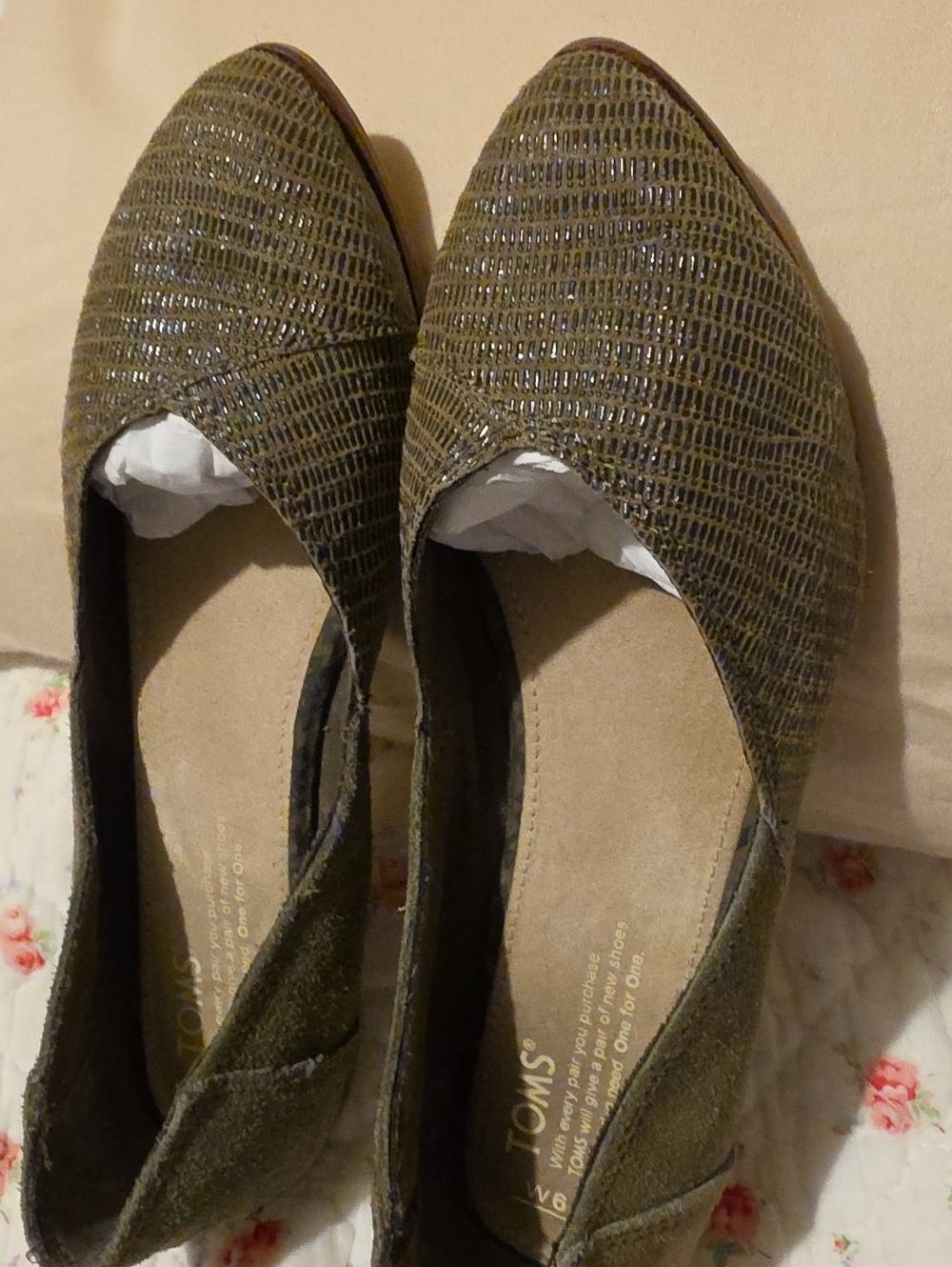TOMS Olive Green Textured Pointed-Toe Flats